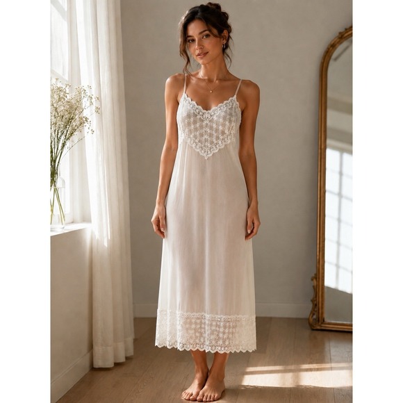 Other - Vintage Leona White Sheer Lace Mesh Slip Dress Nightgown Lingerie Bridal Size S